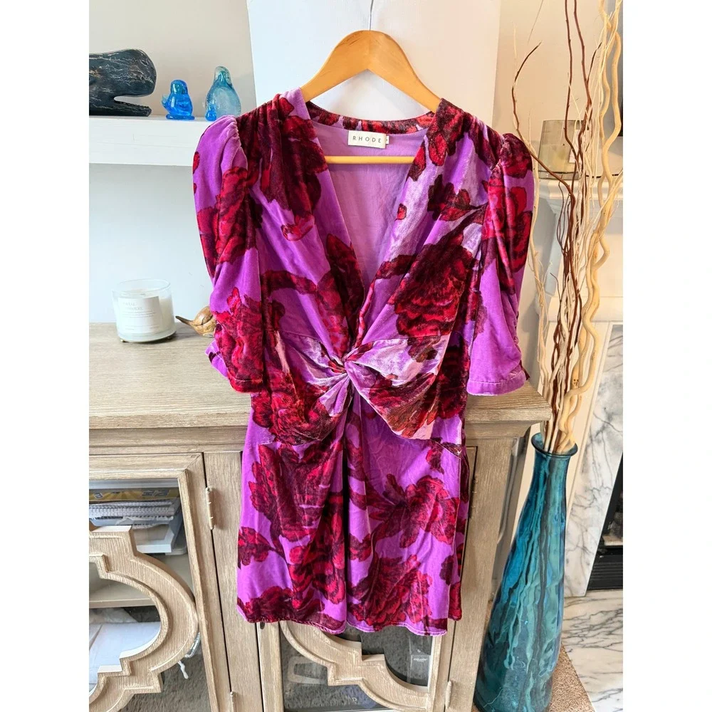 Rhode Leanna Mini Dress Womens Purple Red Velvet Floral Size M - Picture 1 of 9